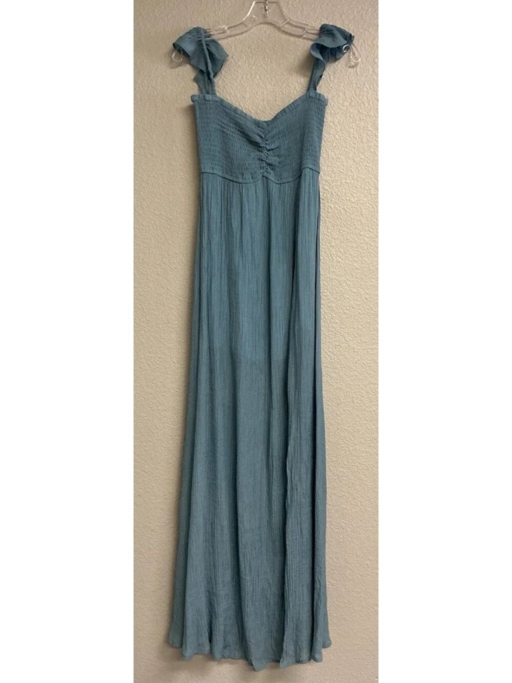 AaKaa Women’s Teal Casual Maxi Dress Ruffle Sleeveless Size Small Front Slit